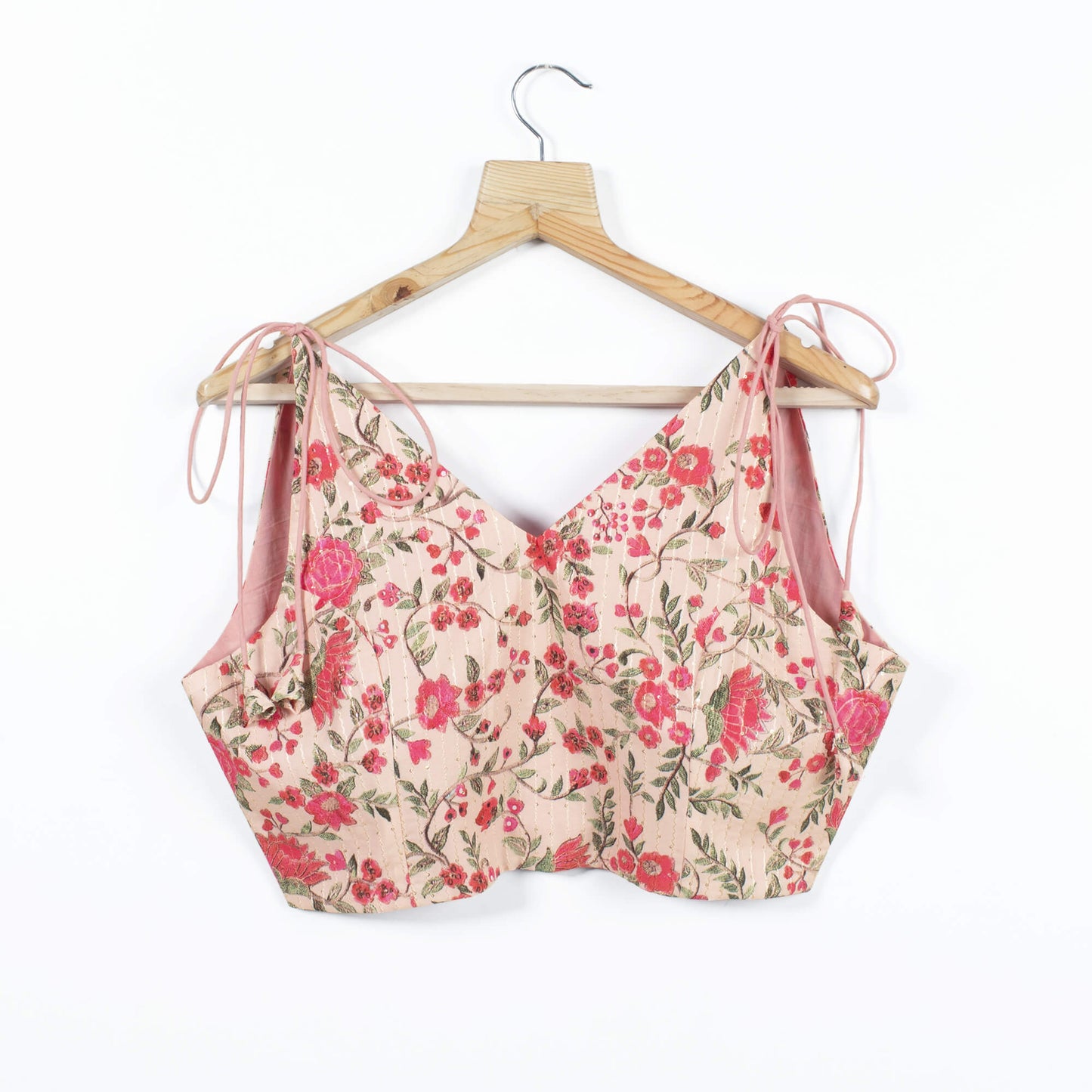 Floral Printed Sequins Crepe Spaghetti Tie Up Blouse