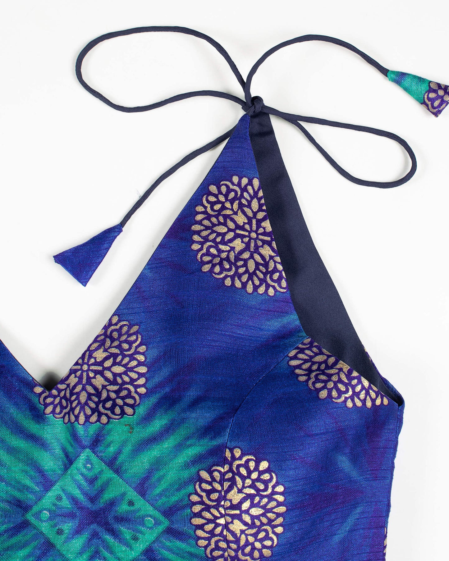 Traditional Foil Print Art Silk Spaghetti Tie Up Blouse