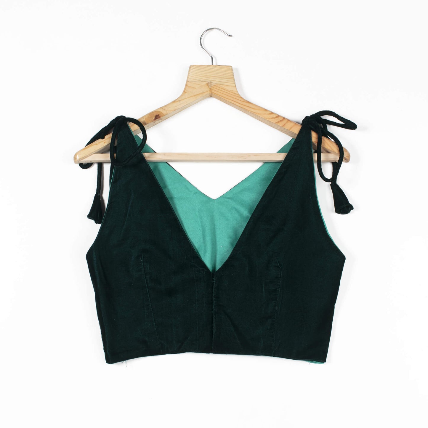 Green Dual Tone Velvet Spaghetti Tie Up Blouse