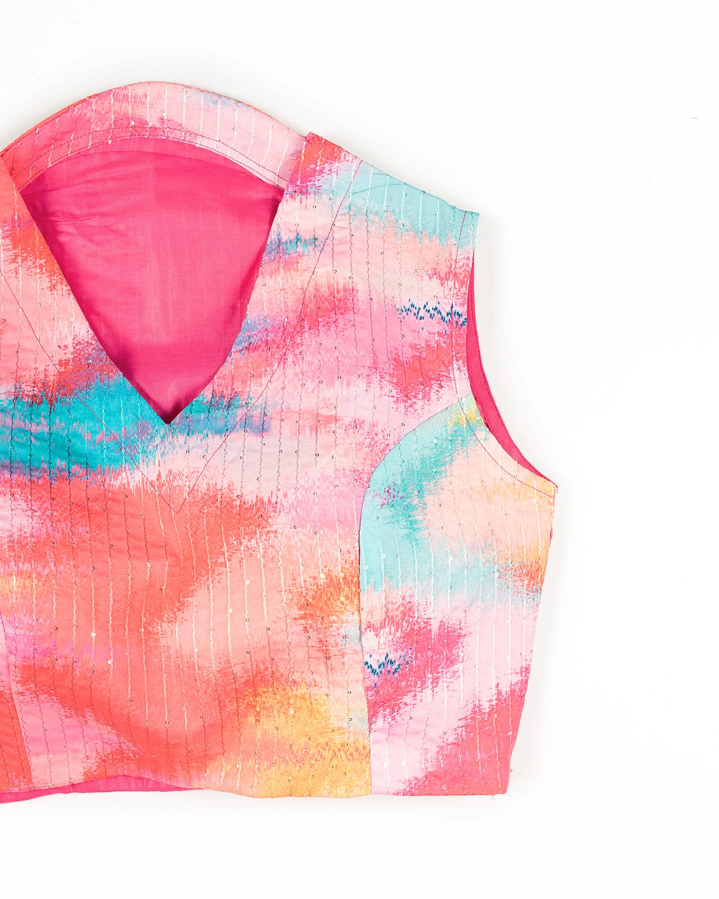 Tye And Dye Printed Sequins Crepe Collar Blouse