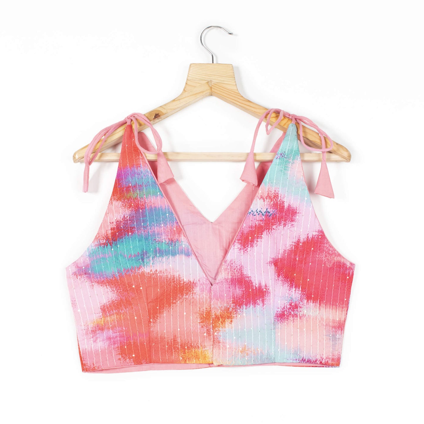 Tye And Dye Printed Sequins Crepe Spaghetti Tie Up Blouse