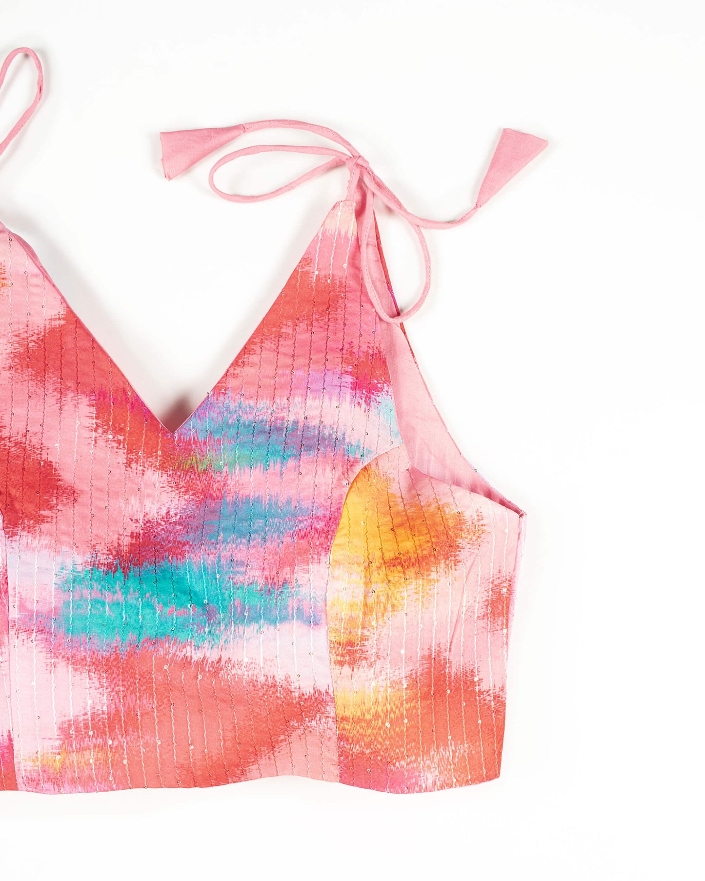 Tye And Dye Printed Sequins Crepe Spaghetti Tie Up Blouse