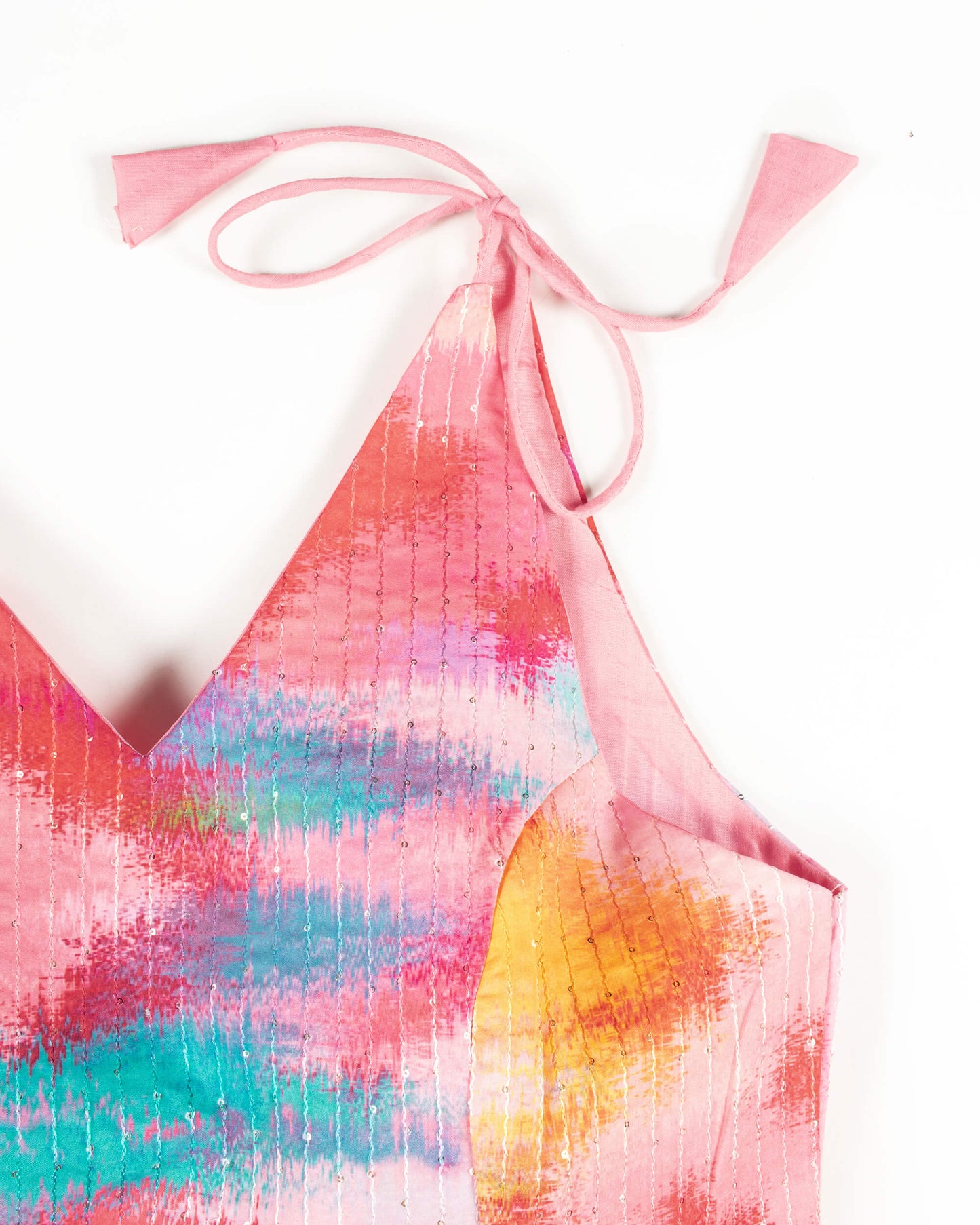 Tye And Dye Printed Sequins Crepe Spaghetti Tie Up Blouse