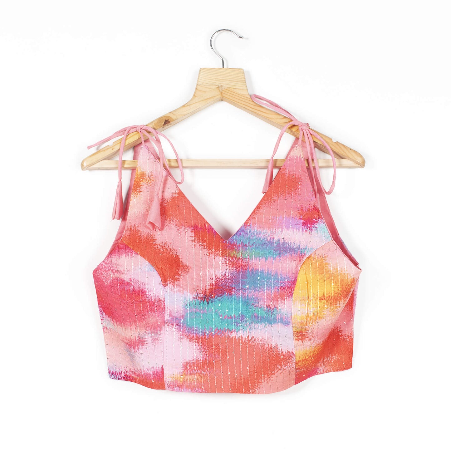 Tye And Dye Printed Sequins Crepe Spaghetti Tie Up Blouse