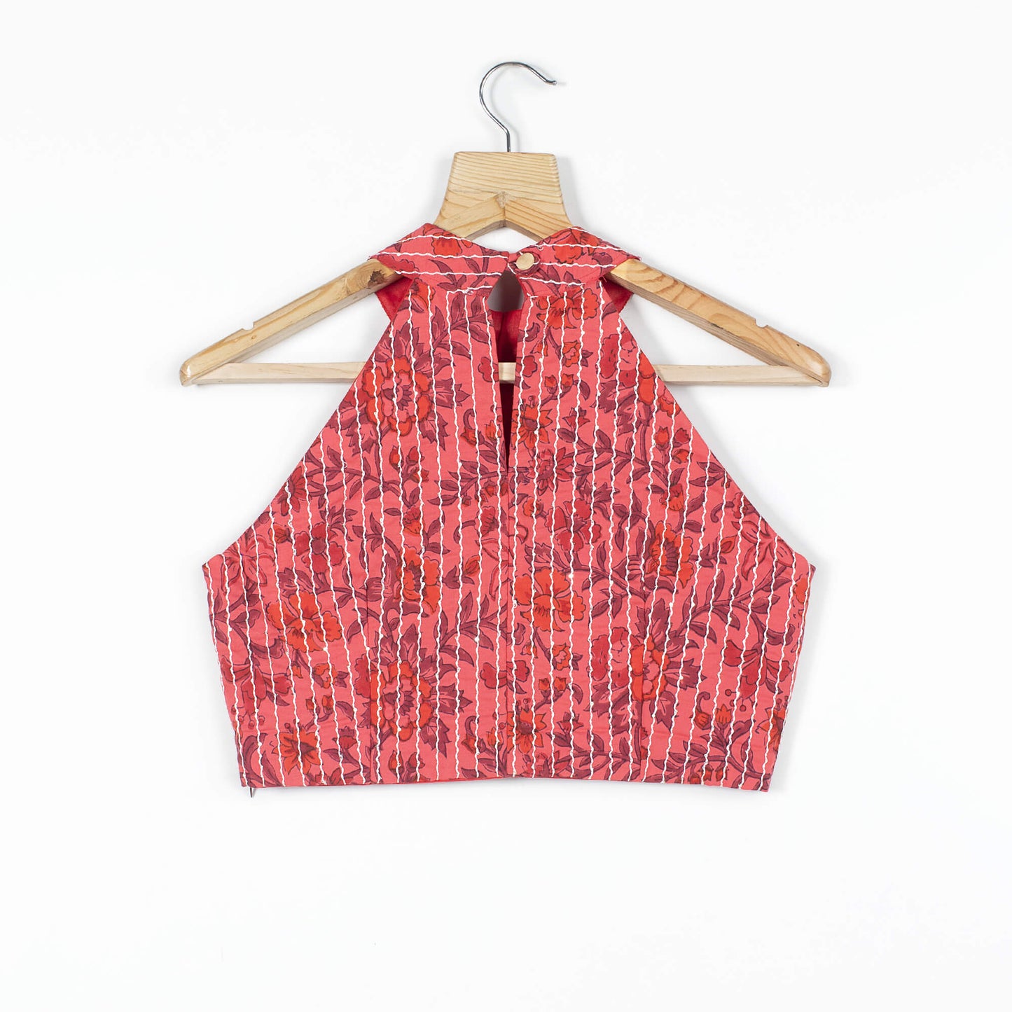 Floral Printed Sequins Cotton Halter Neck Blouse