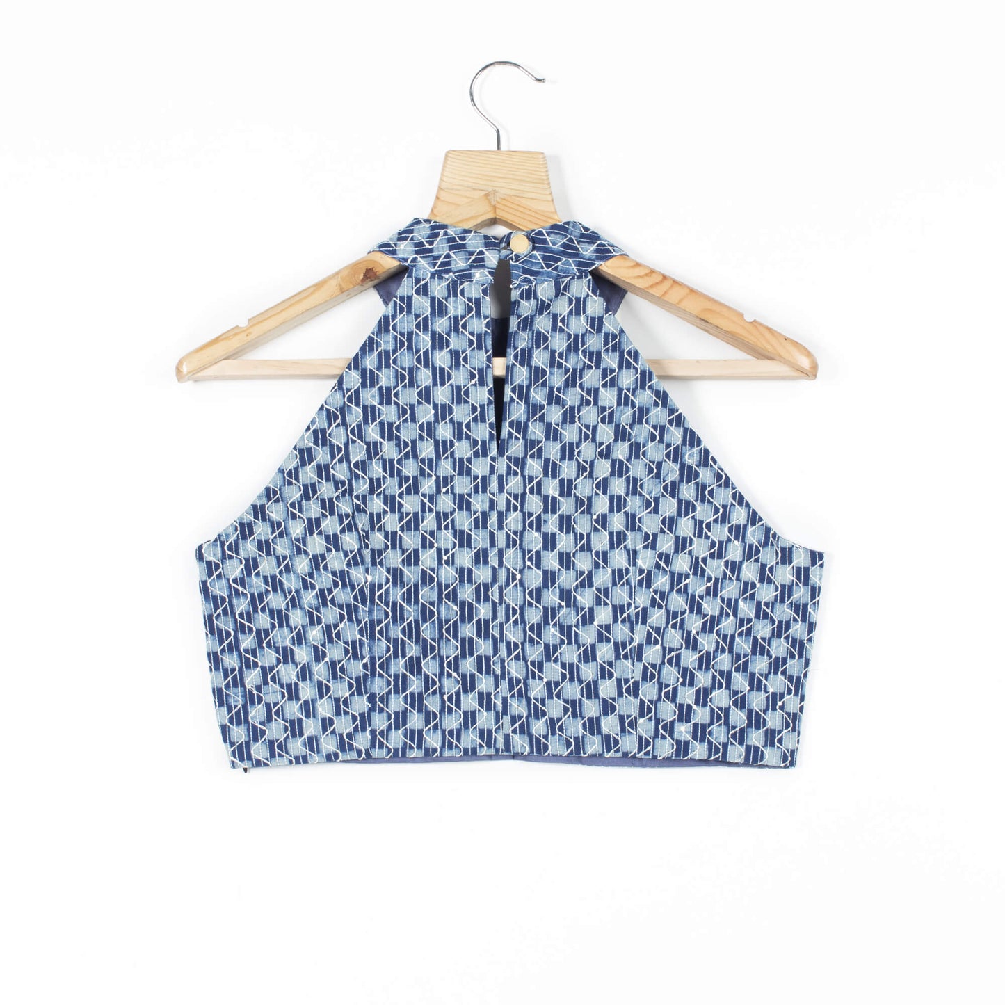 Indigo Sequins Embroidery Cotton Halter Neck Blouse