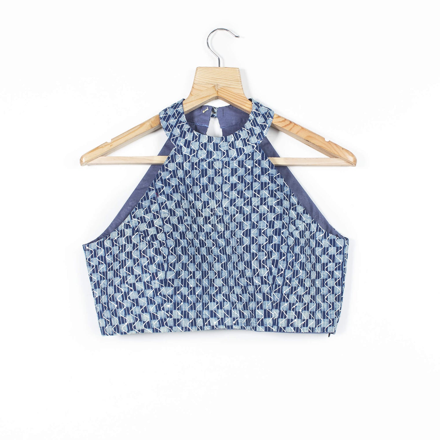 Indigo Sequins Embroidery Cotton Halter Neck Blouse