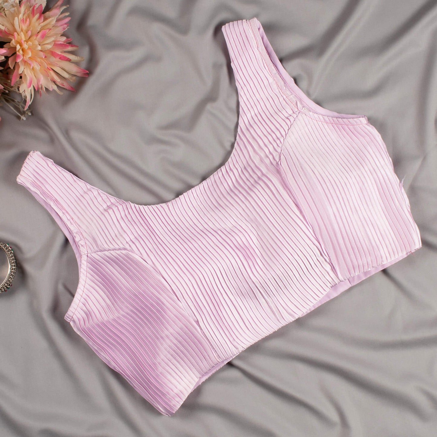 Lace Pink Pleated Satin Blouse