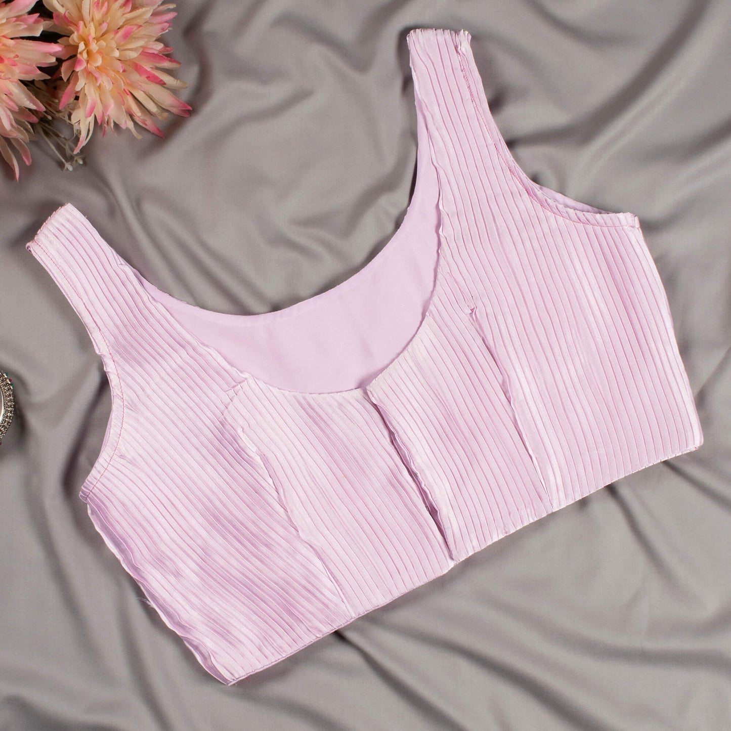 Lace Pink Pleated Satin Blouse
