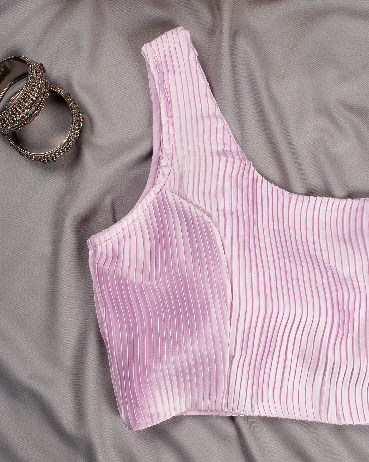 Lace Pink Pleated Satin Blouse