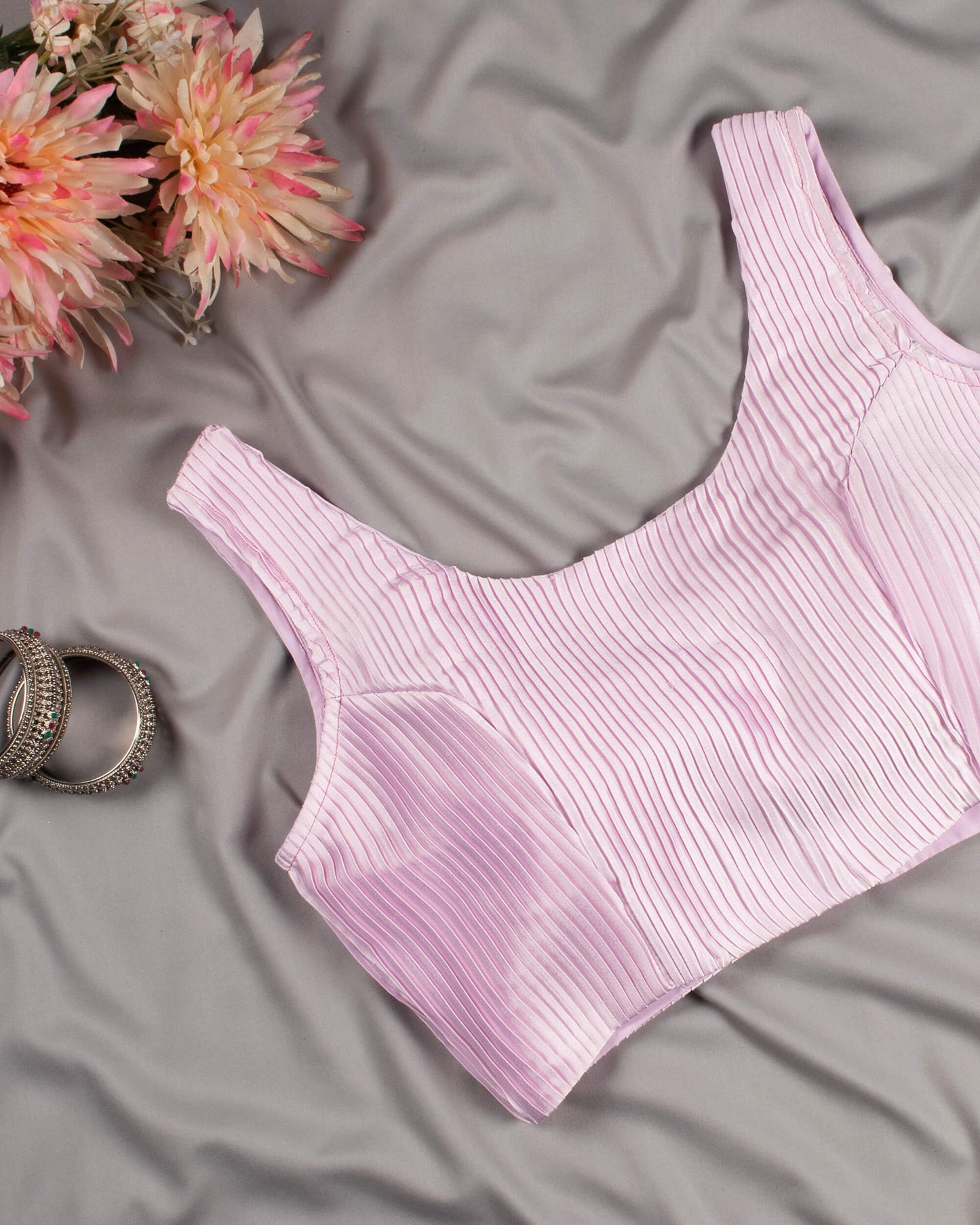 Lace Pink Pleated Satin Blouse