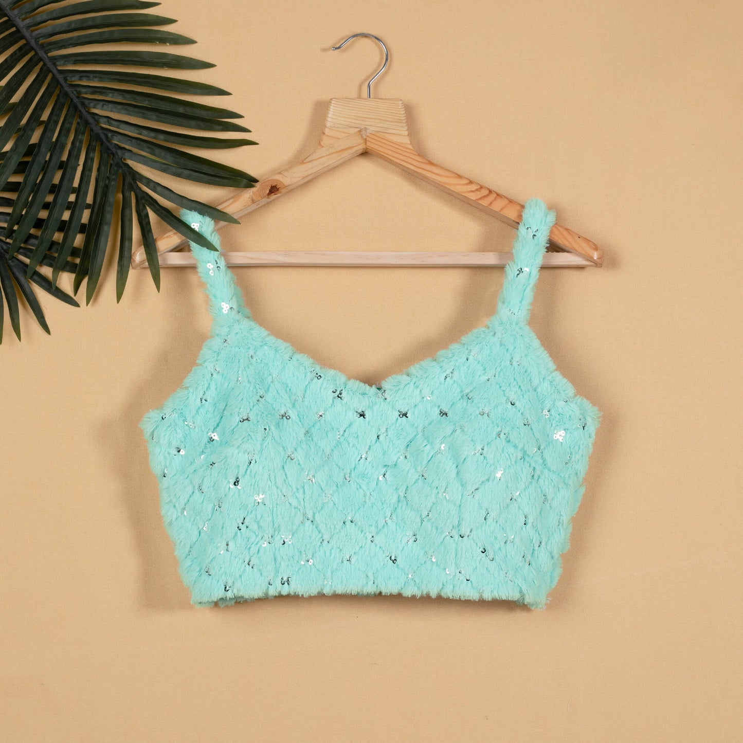 Mint Green Checks Sequins Strappy Blouse