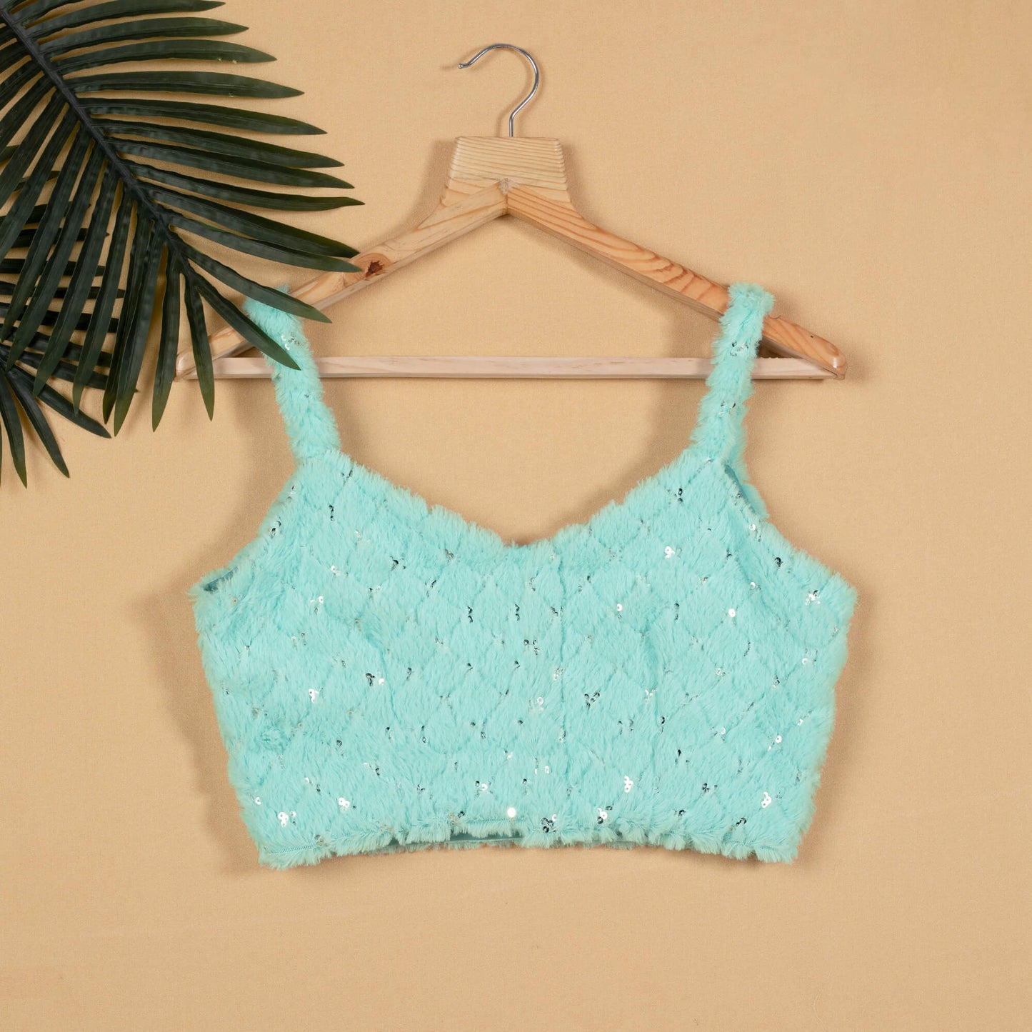 Mint Green Checks Sequins Strappy Blouse