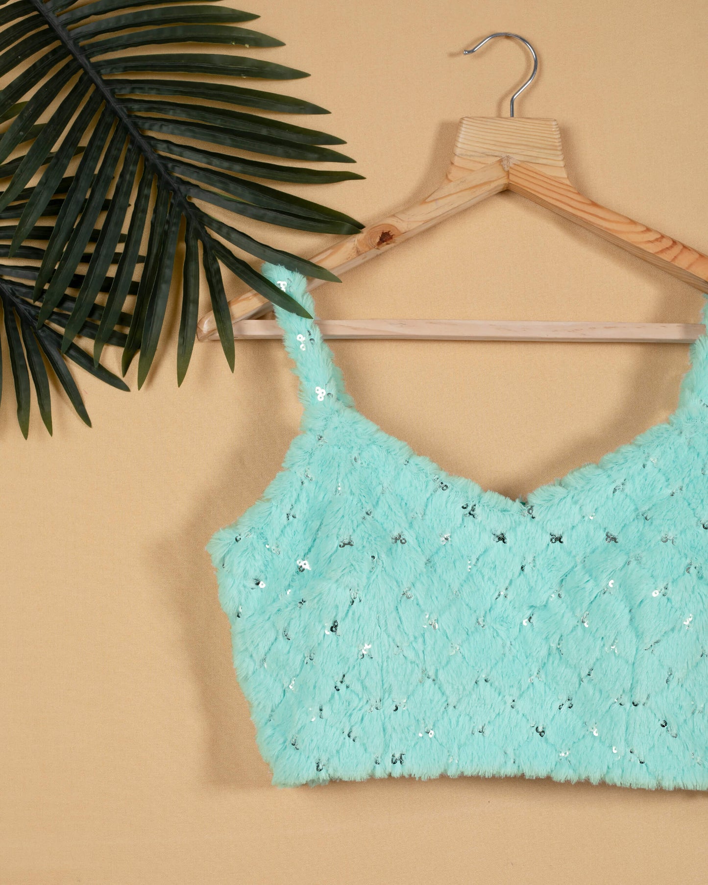Mint Green Checks Sequins Strappy Blouse