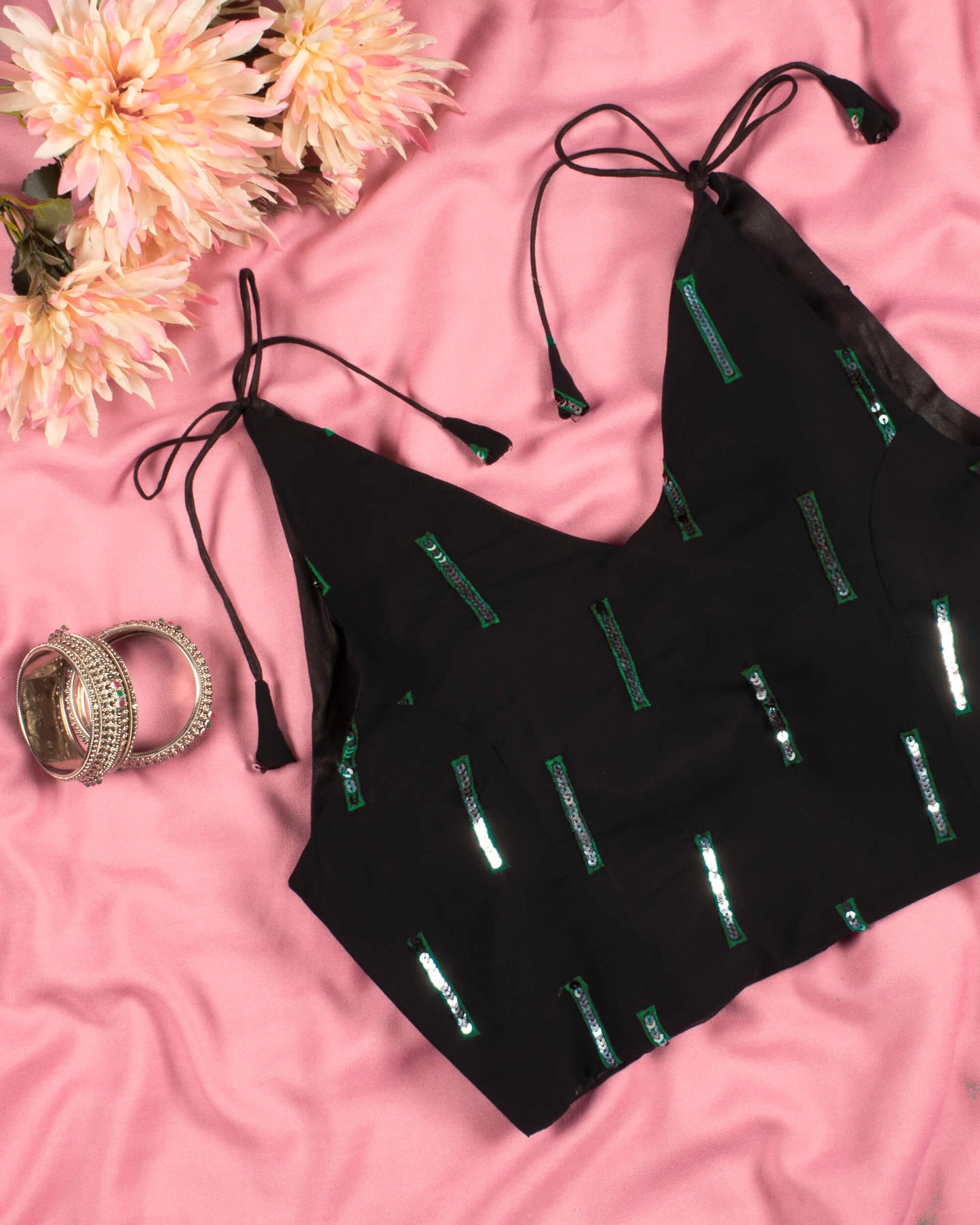 Green Sequins Georgette Spaghetti Tie Up Blouse