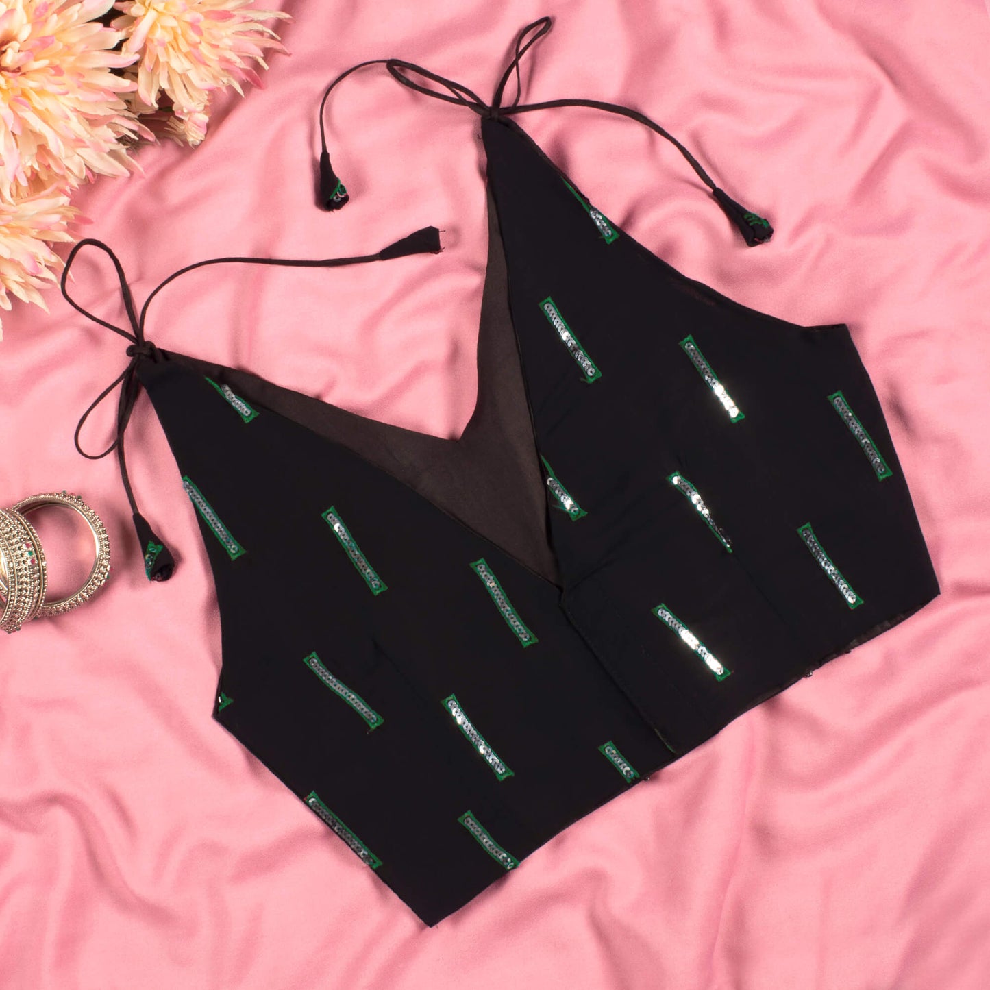 Green Sequins Georgette Spaghetti Tie Up Blouse