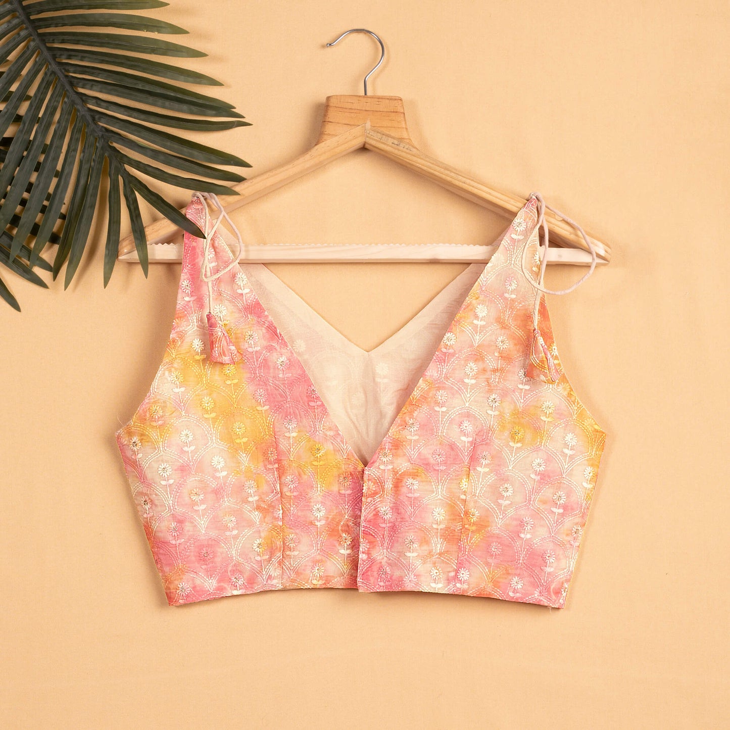 Floral Embroidery Sequins Spaghetti Tie Up Blouse