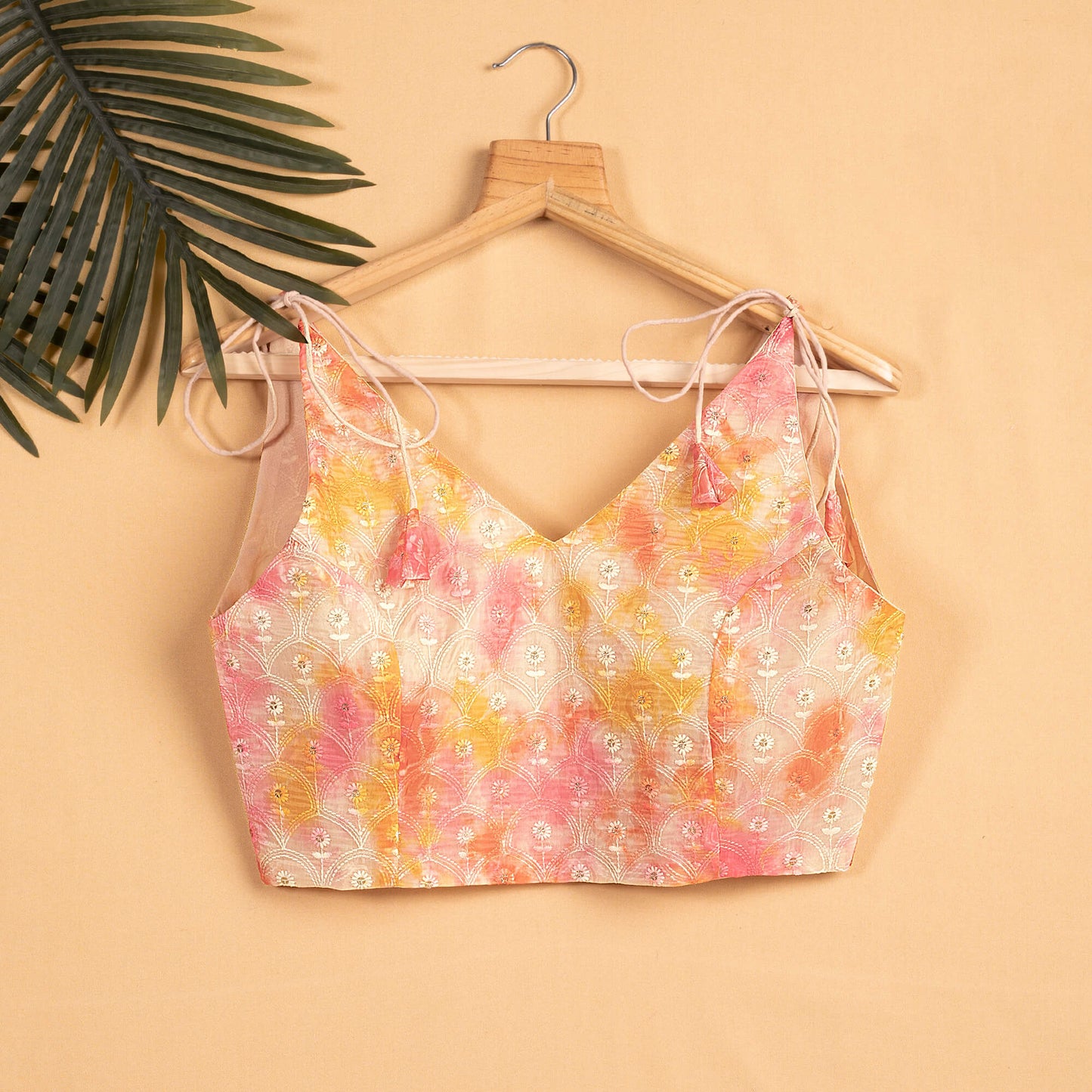 Floral Embroidery Sequins Spaghetti Tie Up Blouse