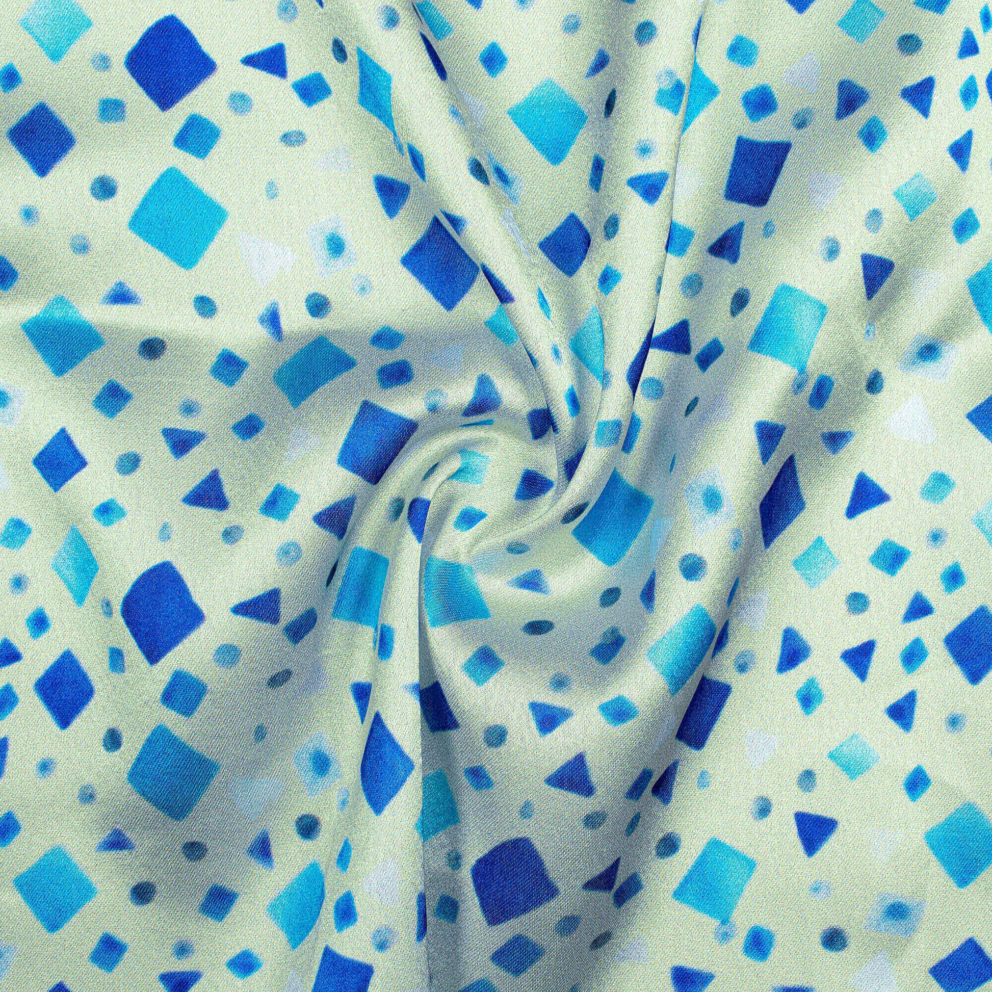 Vrunda's Choice Snow White And Blue Geometric Pattern Digital Print Japan Satin Fabric - Fabcurate