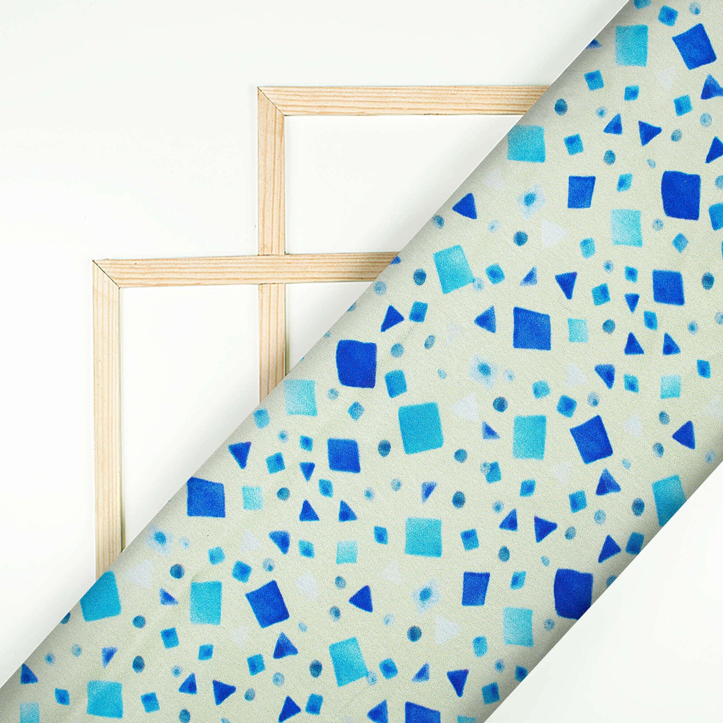 Vrunda's Choice Snow White And Blue Geometric Pattern Digital Print Japan Satin Fabric - Fabcurate