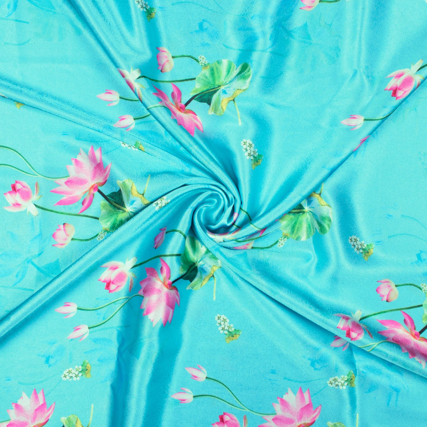 Chaithra' Choice Sky Blue And Pink Floral Pattern Digital Print Japan Satin Fabric - Fabcurate