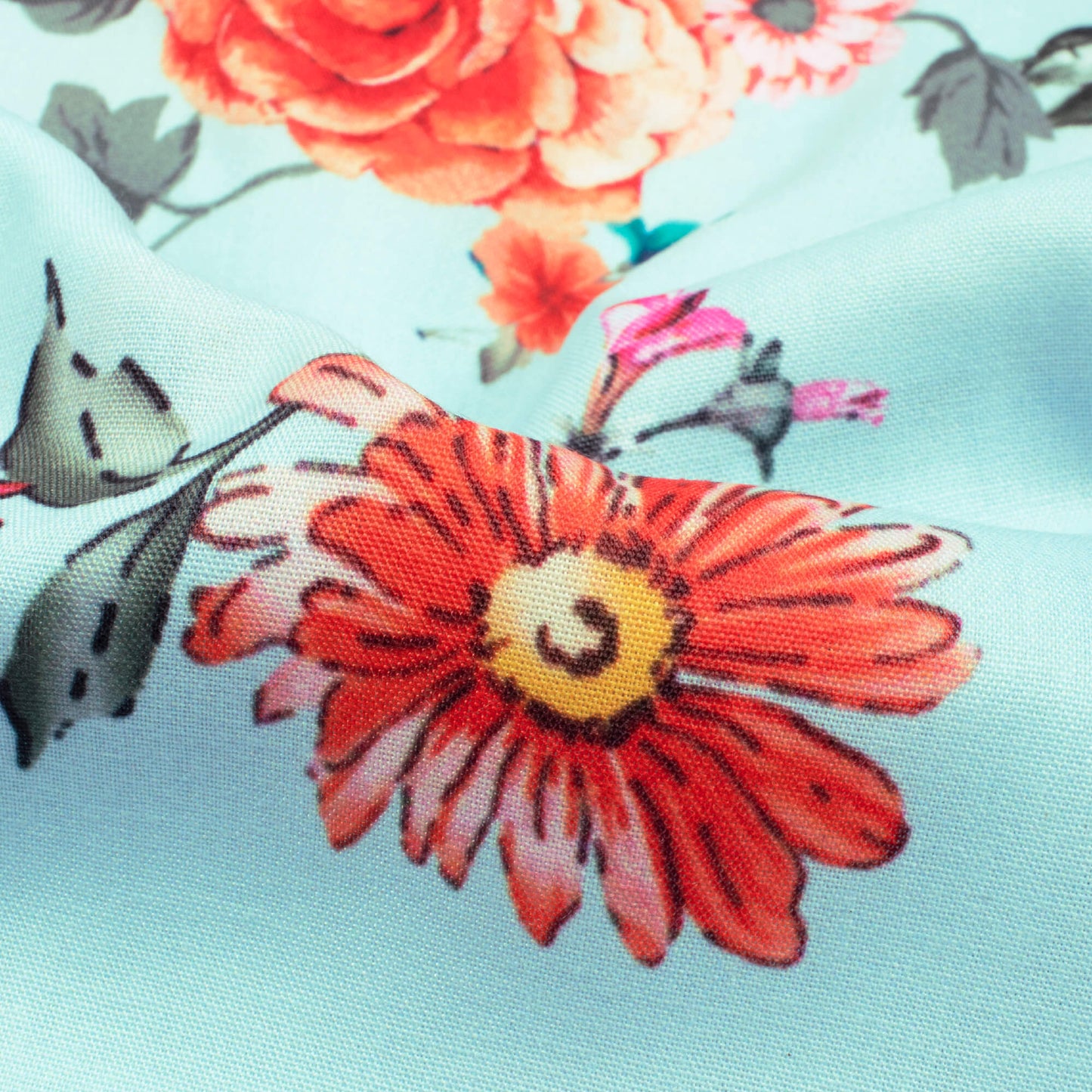 Laxmi's Choice Pale Blue And Pink Floral Pattern Digital Print Rayon Fabric - Fabcurate
