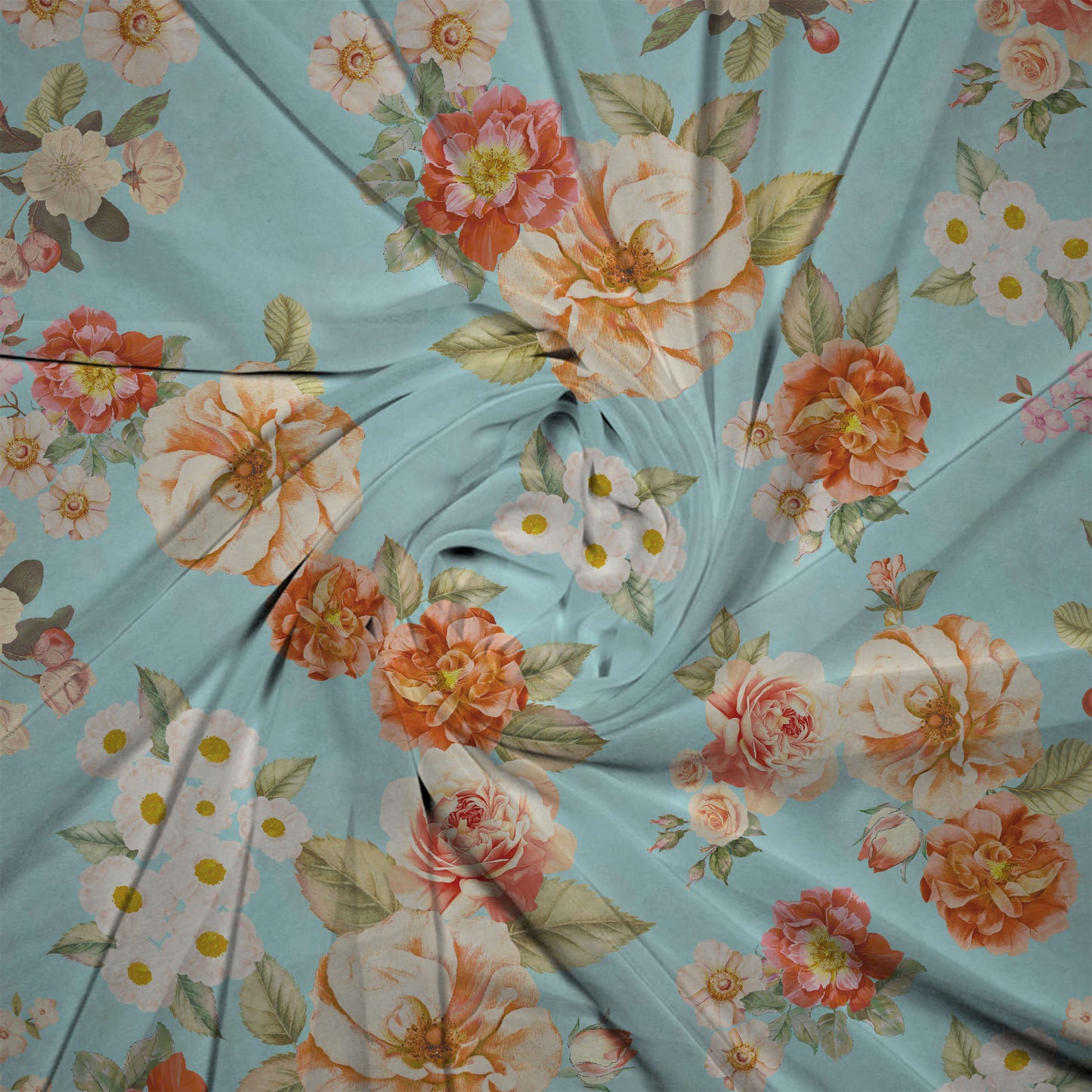 Akansha's Choice Sky Blue And Peach Floral Pattern Digital Print Georgette Fabric - Fabcurate