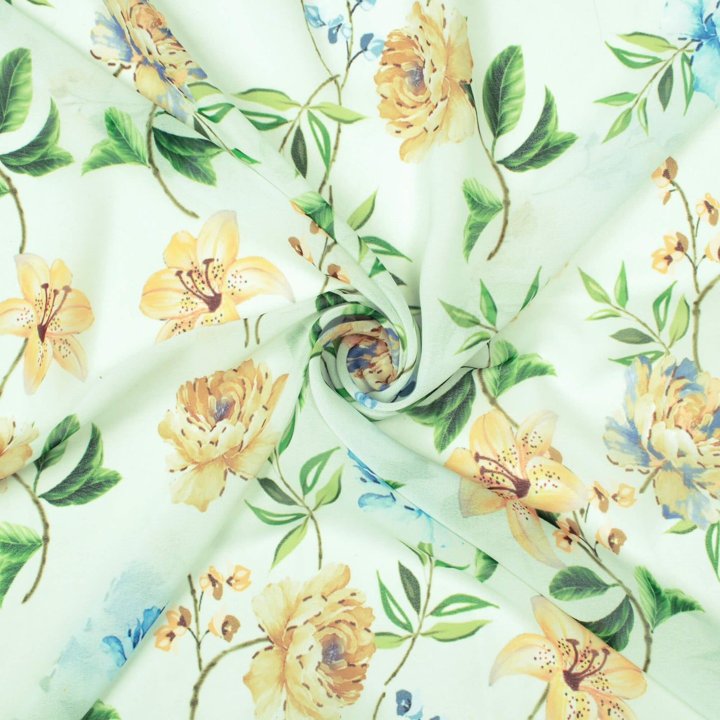 Kavya's Choice Tea Green And Sky Blue Floral Pattern Digital Print Georgette Fabric - Fabcurate