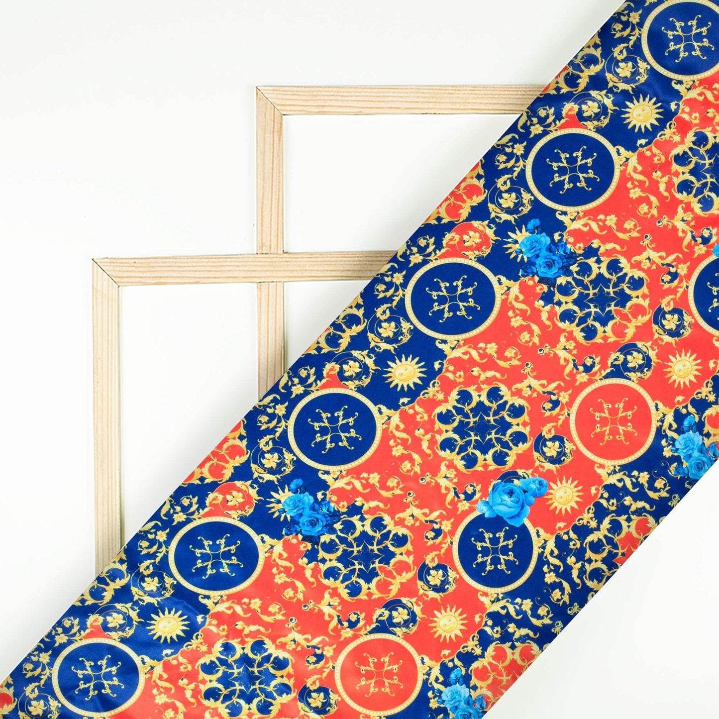 Harsh's Choice Red And Royal Blue Abstarct Pattern Digital Print Japan Satin Fabric - Fabcurate