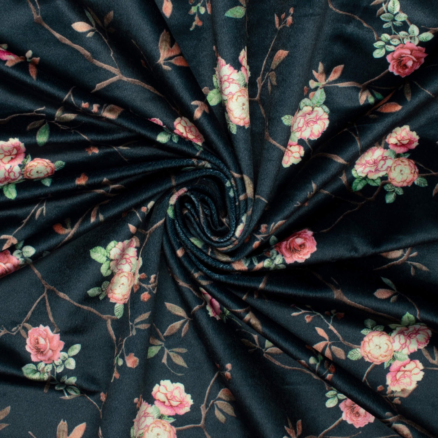 Rosy's Choice Peacock Blue And Pink Floral Pattern Digital Print Velvet Fabric (Width 58 Inches)