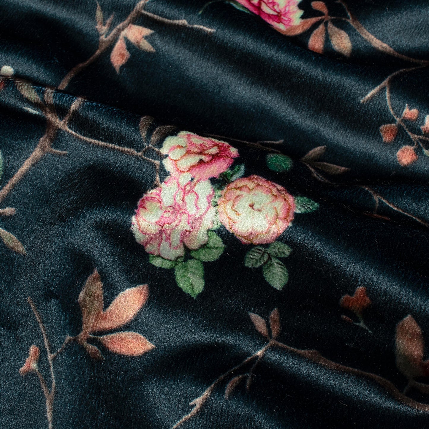 Rosy's Choice Peacock Blue And Pink Floral Pattern Digital Print Velvet Fabric (Width 58 Inches)