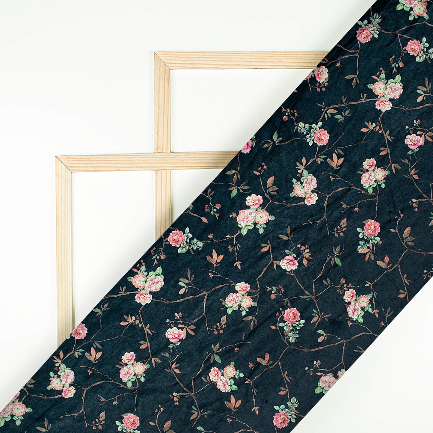 Rosy's Choice Peacock Blue And Pink Floral Pattern Digital Print Velvet Fabric (Width 58 Inches)