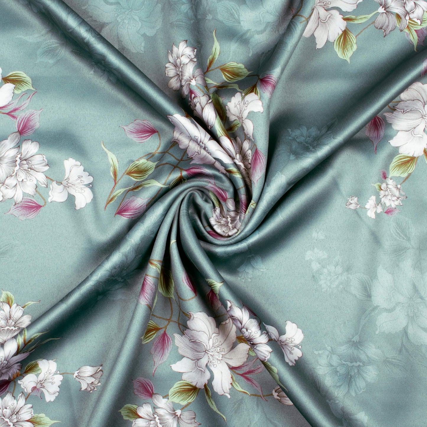 Diza's Choice Cadet Blue And White Floral Pattern Digital Print Charmeuse Satin Fabric (Width 58 Inches)