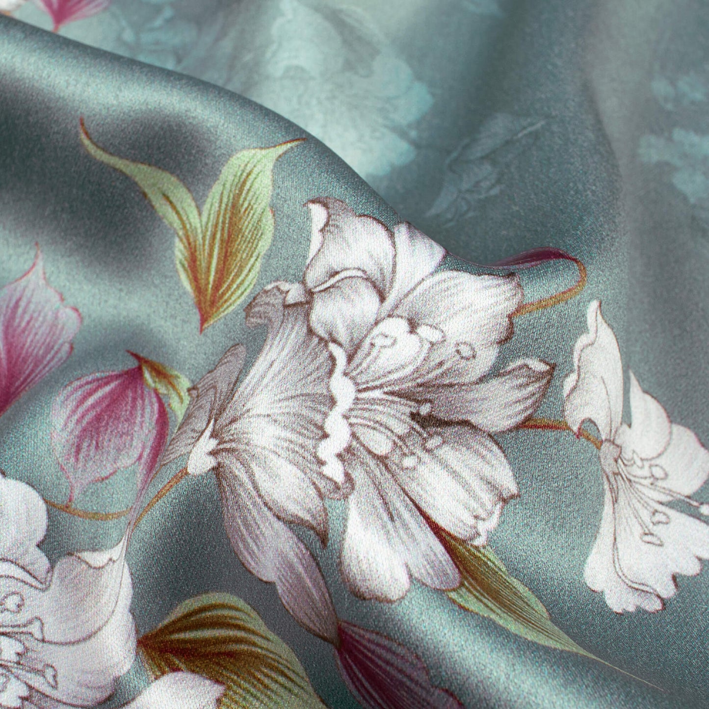Diza's Choice Cadet Blue And White Floral Pattern Digital Print Charmeuse Satin Fabric (Width 58 Inches)