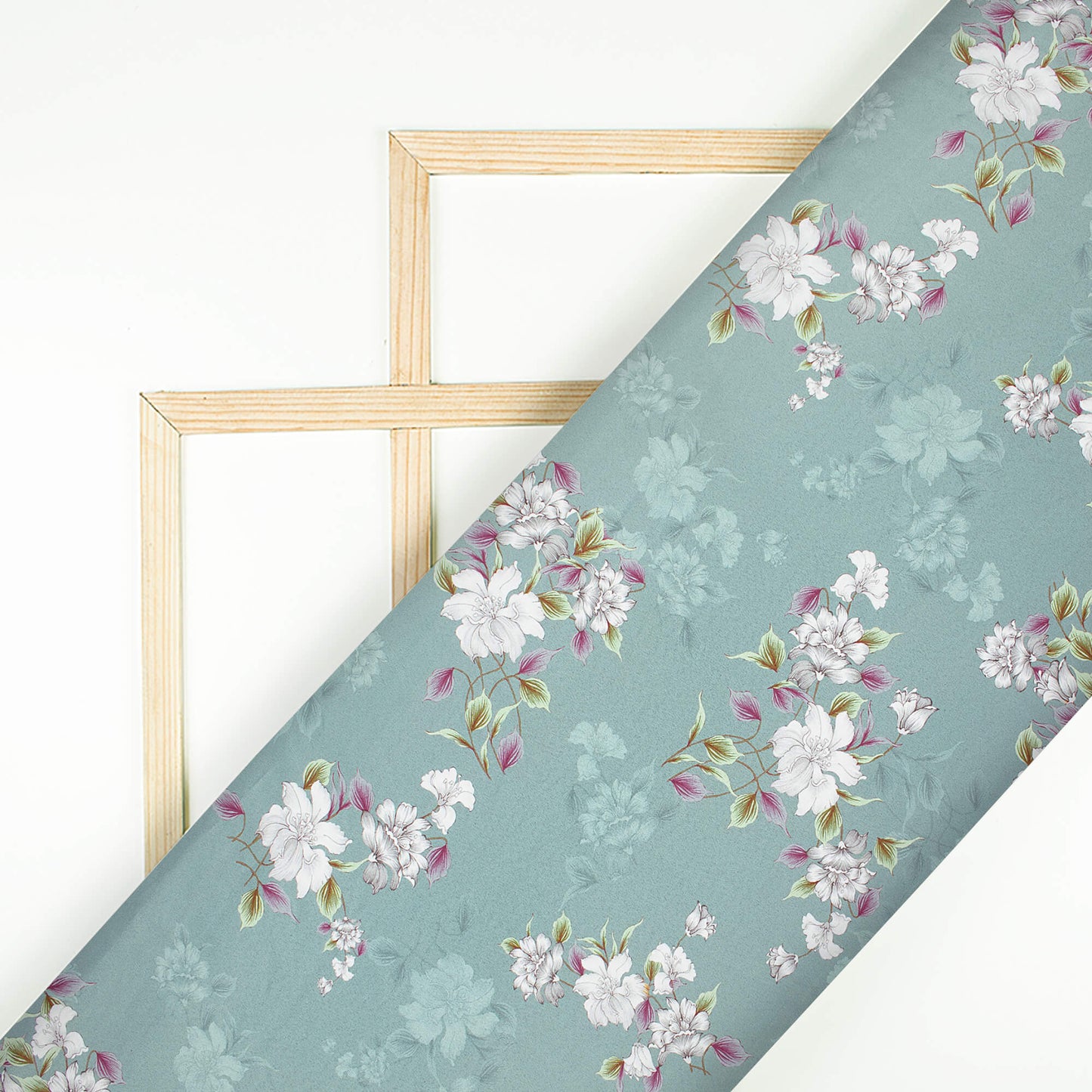 Diza's Choice Cadet Blue And White Floral Pattern Digital Print Charmeuse Satin Fabric (Width 58 Inches)