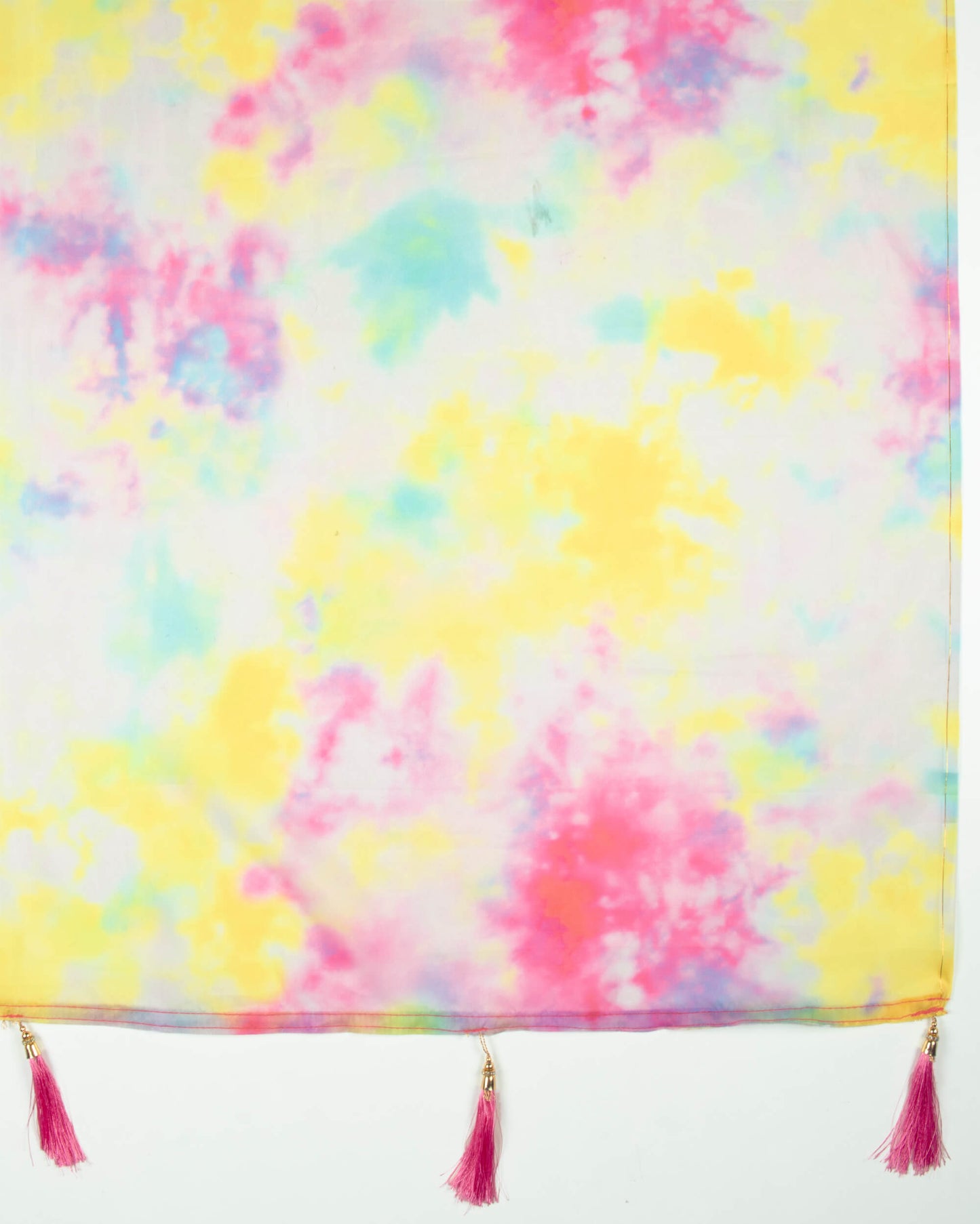 Pink And Yellow Tye And Dye Pattern Digital Print Organza Satin Dupatta With Tassels