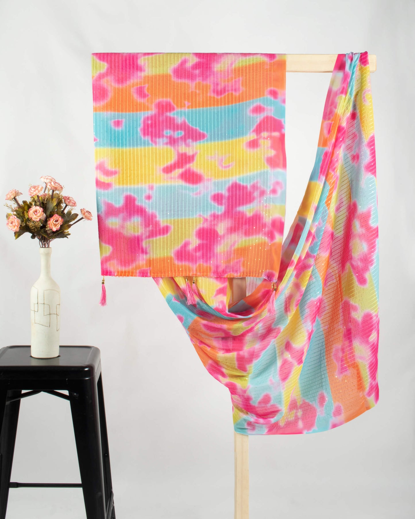 Turquoise Blue And Fuchsia Tye And Dye Pattern Digital Print Sequins Georgette Dupatta With Tassels