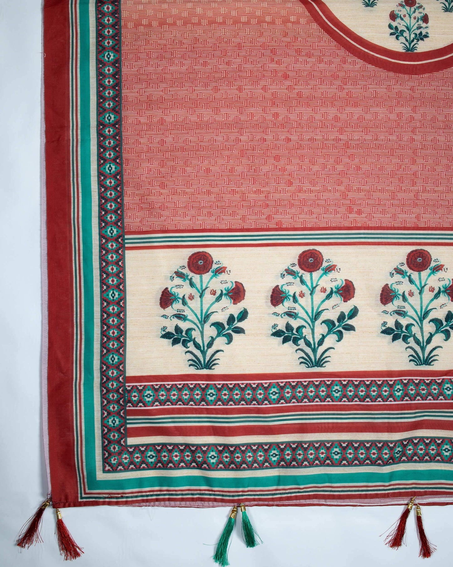 Sangria Red And Oyster Beige Floral Pattren Digital Print Chanderi Dupatta With Tassels - Fabcurate