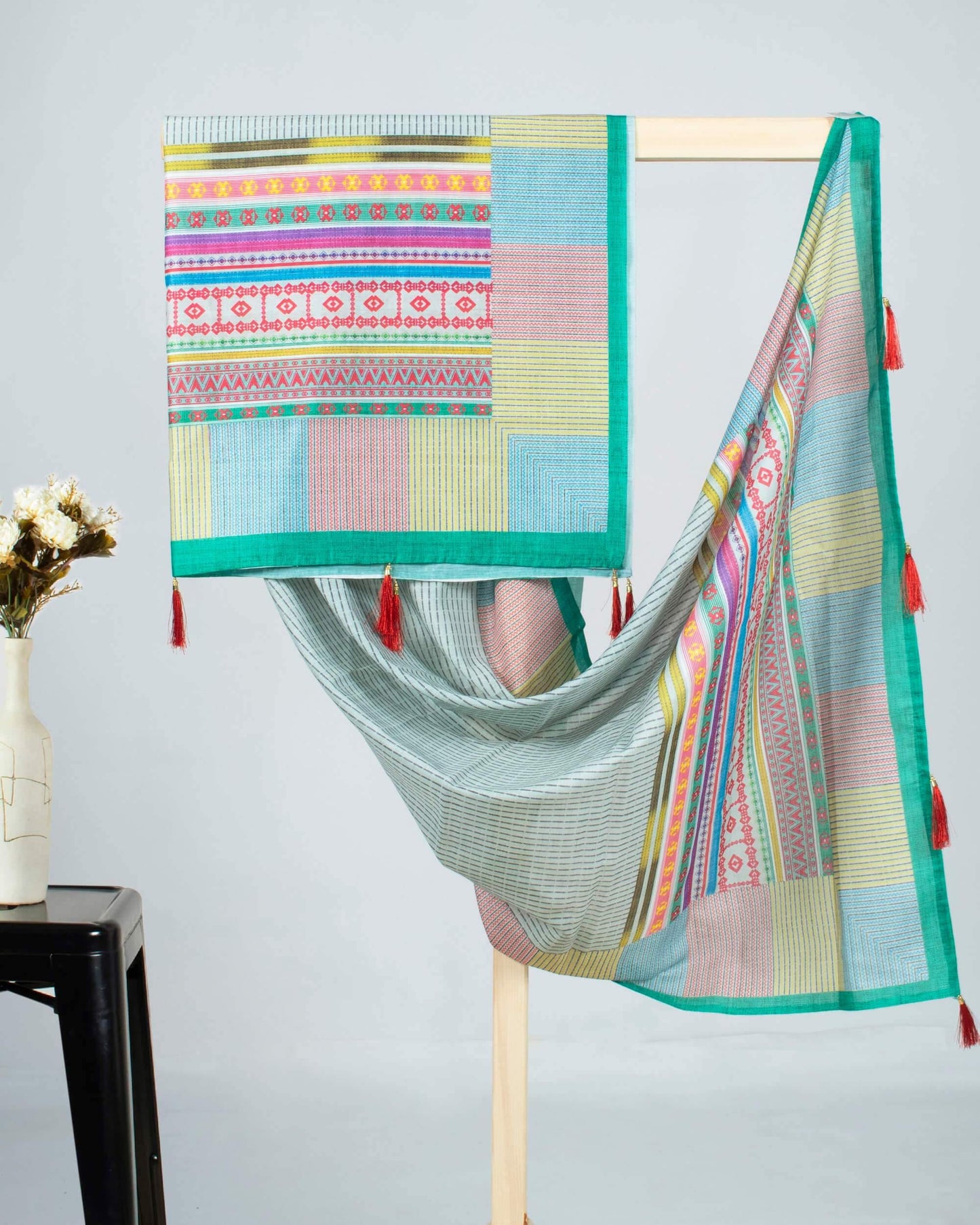 Multi-Color Stripes Pattren Digital Print Chanderi Dupatta With Tassels - Fabcurate