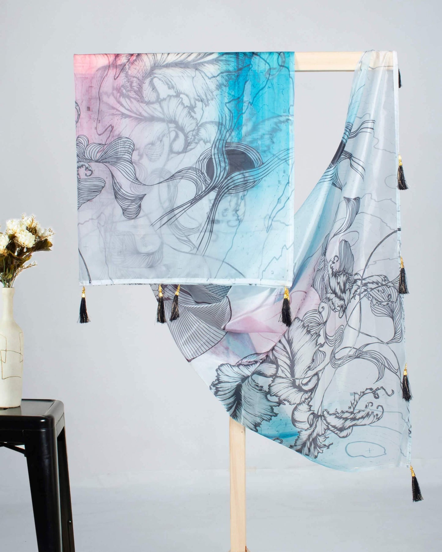 Aqua Blue And Black Floral Pattern Digital Print Premium Organza Dupatta With Tassels - Fabcurate