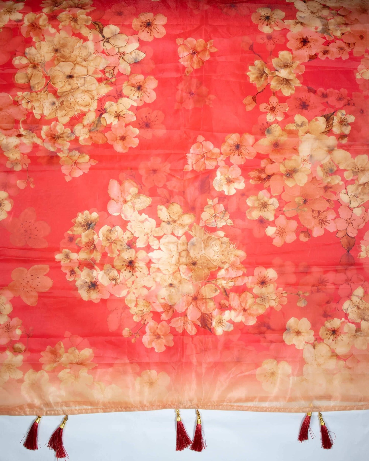 Cerise Pink And Oat Beige Floral Pattern Digital Print Premium Organza Dupatta With Tassels - Fabcurate