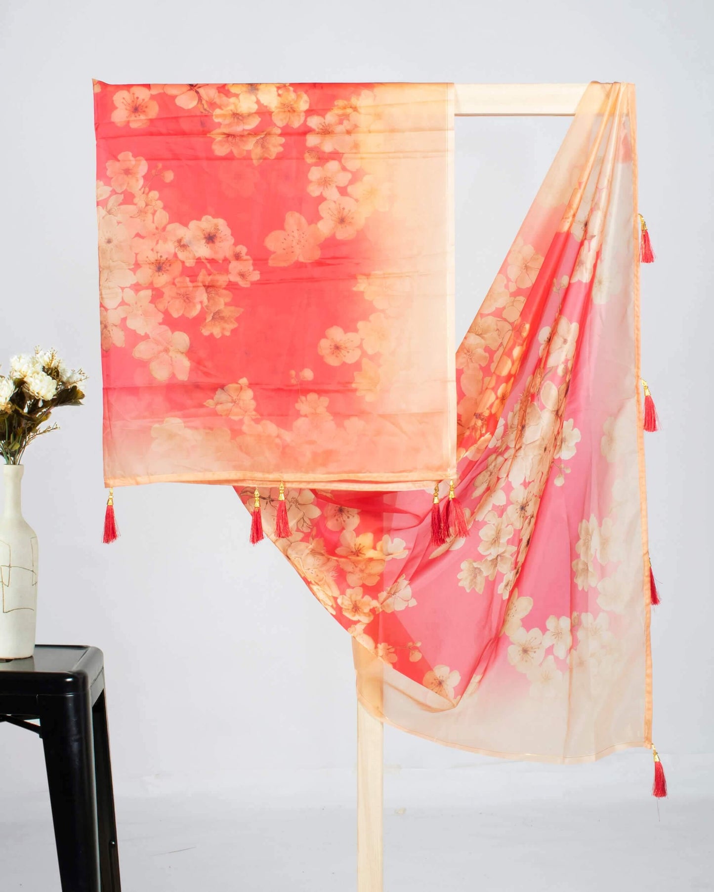 Cerise Pink And Oat Beige Floral Pattern Digital Print Premium Organza Dupatta With Tassels - Fabcurate