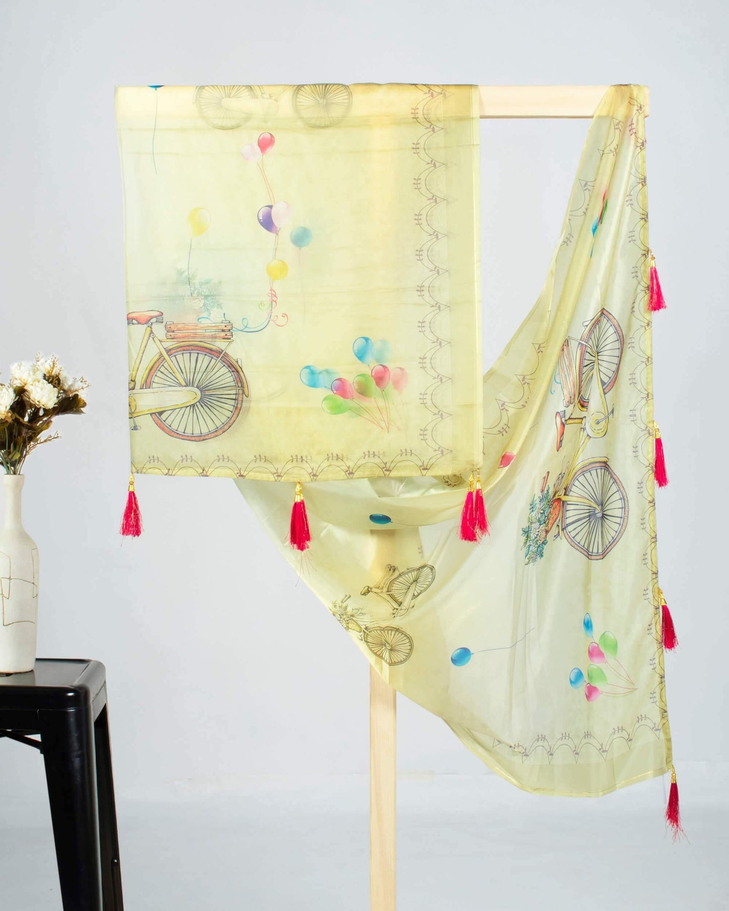 Olive Green And Pink Quirky Pattern Digital Print Premium Organza Dupatta With Tassels - Fabcurate