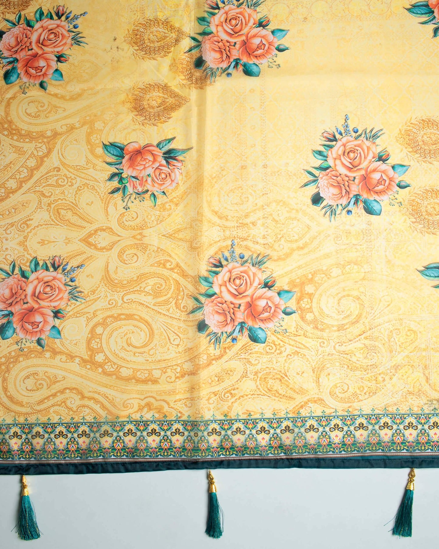 Salmon Orange And Teal Green Floral Pattern Digital Print Premium Organza Dupatta With Tassels - Fabcurate