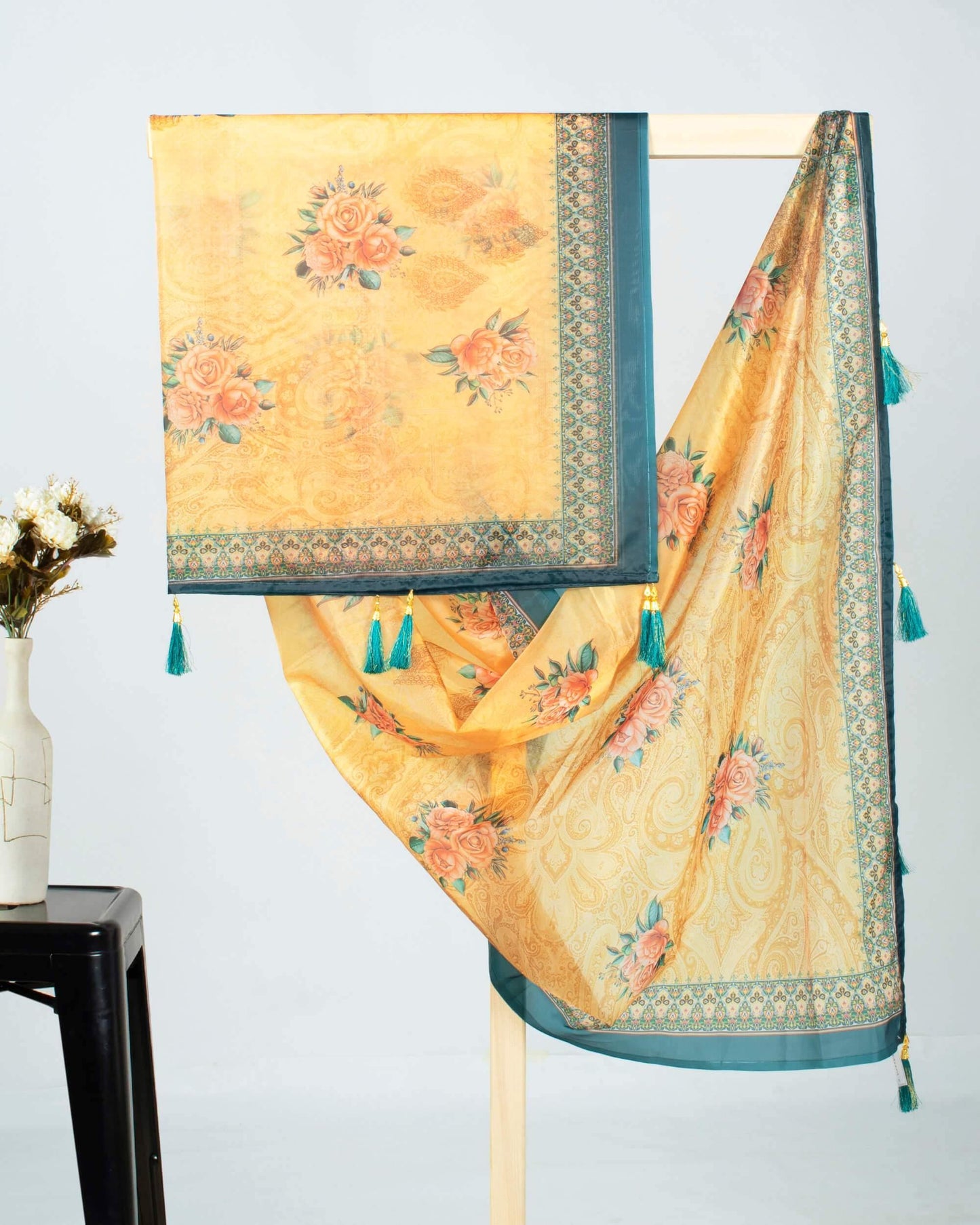Salmon Orange And Teal Green Floral Pattern Digital Print Premium Organza Dupatta With Tassels - Fabcurate