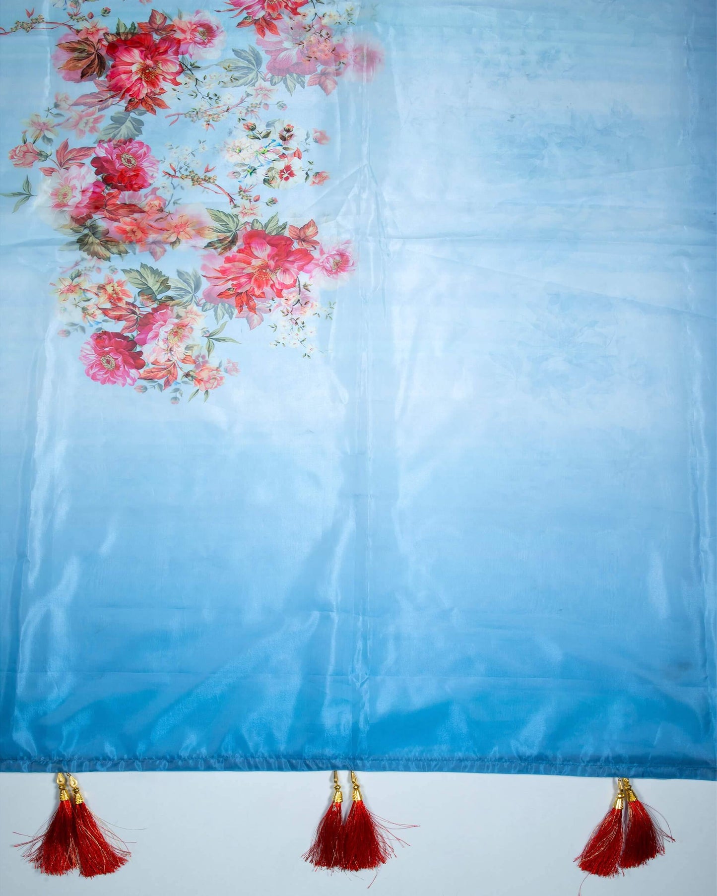 Lagoon Blue And Pink Floral Pattern Digital Print Premium Organza Dupatta With Tassels - Fabcurate