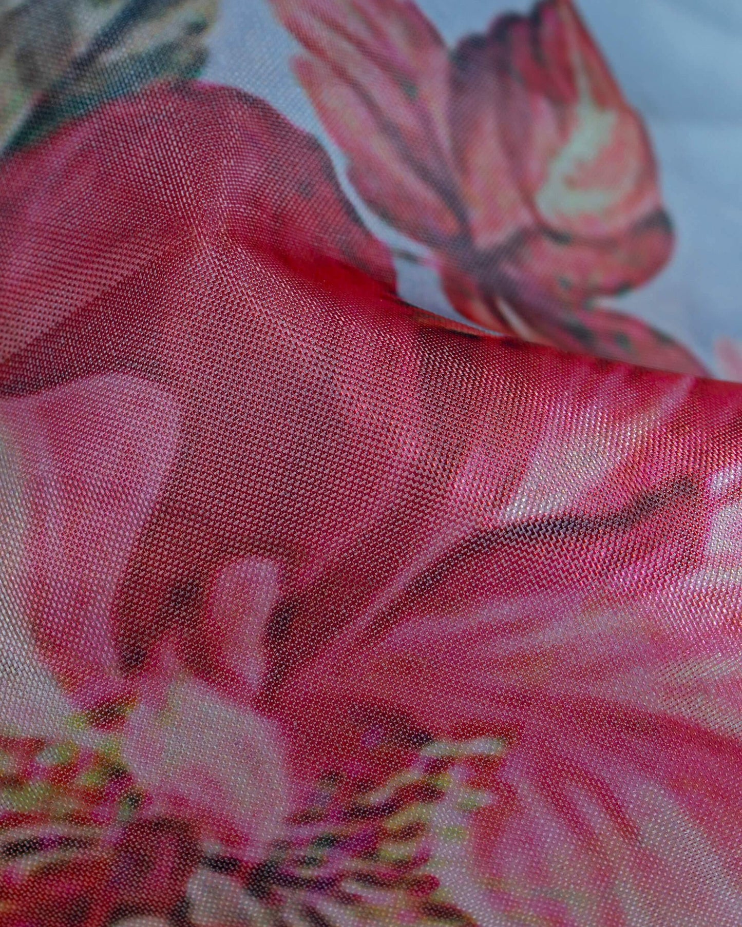 Lagoon Blue And Pink Floral Pattern Digital Print Premium Organza Dupatta With Tassels - Fabcurate