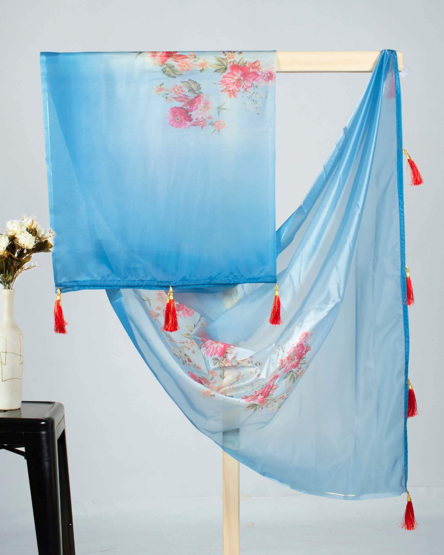 Lagoon Blue And Pink Floral Pattern Digital Print Premium Organza Dupatta With Tassels - Fabcurate