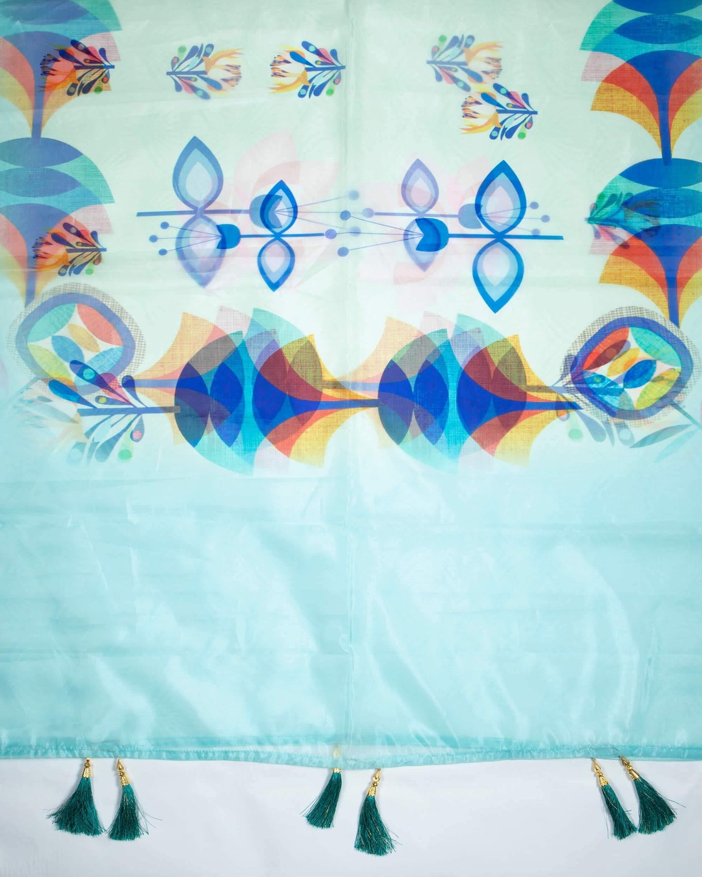 Turquoise And Red Floral Pattern Digital Print Premium Organza Dupatta With Tassels - Fabcurate