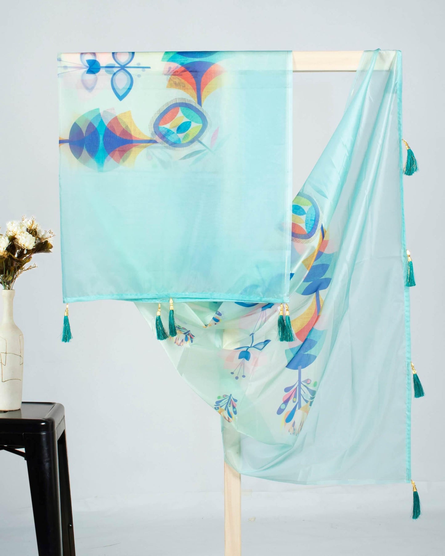 Turquoise And Red Floral Pattern Digital Print Premium Organza Dupatta With Tassels - Fabcurate